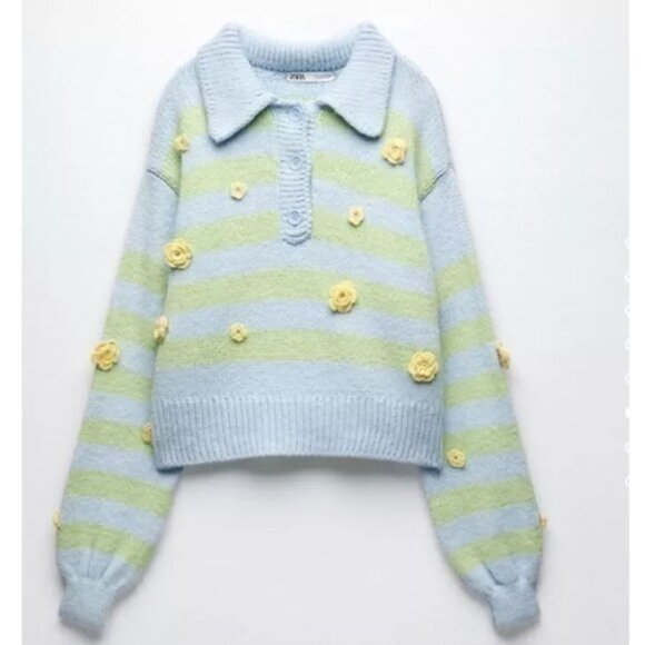 Zara Crochet 3D Floral Embroidered Striped Polo Collared Sweater L Blue Fairy - Picture 4 of 16